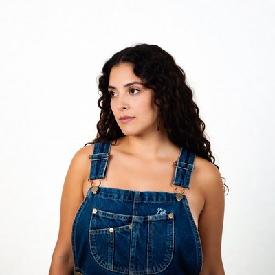 Latina woman in denim overalls