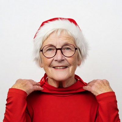Elderly woman wearing Santa hat