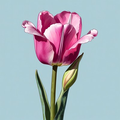 Pink Tulip with Bud on Blue Background
