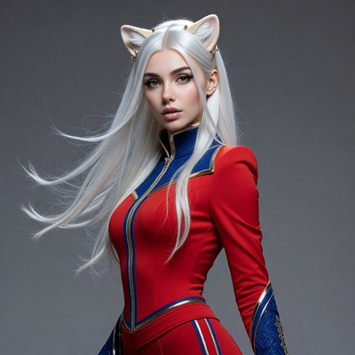 Woman with white hair and cat ears