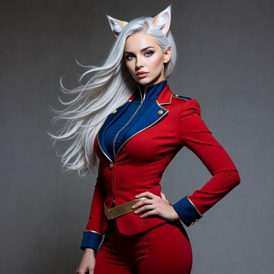 Woman in red military cosplay with cat ears