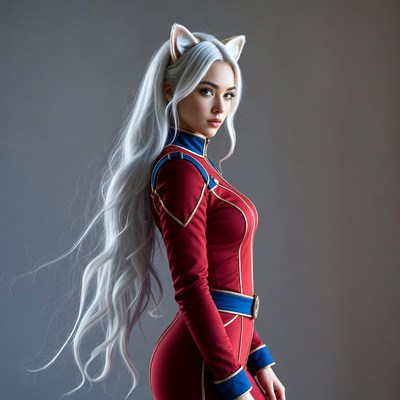 Woman in red catsuit with white cat ears
