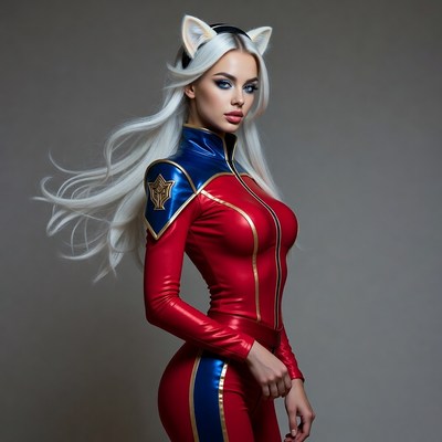Woman in red catsuit with cat ears