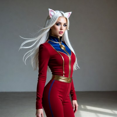 Woman in red catsuit with cat ears
