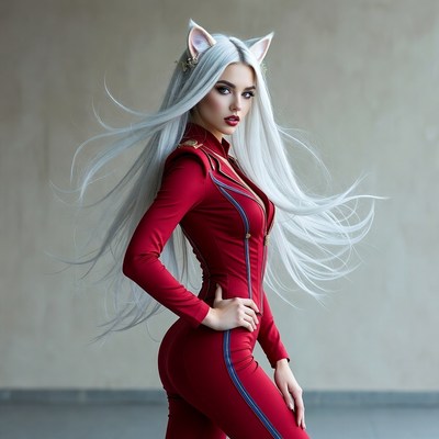Woman in red catsuit with cat ears