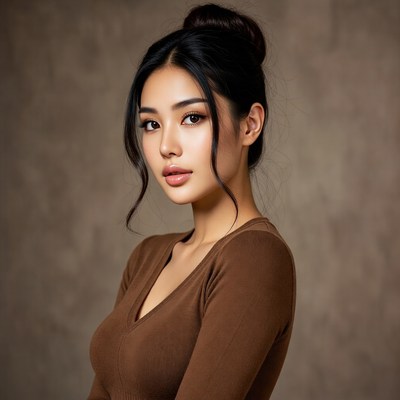 Asian woman in brown sweater