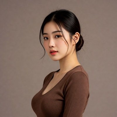 Asian woman in brown V-neck top