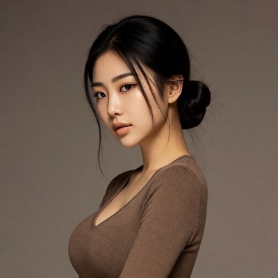 Asian woman in brown V-neck top