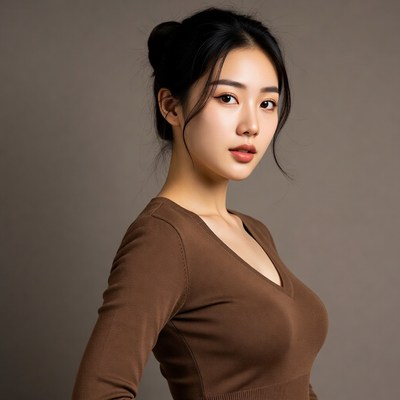 Asian woman in brown sweater