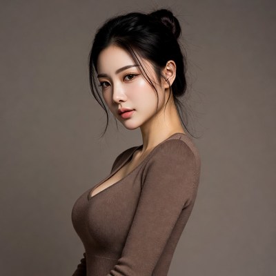 Asian woman in brown sweater