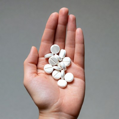 Hand holding white pills