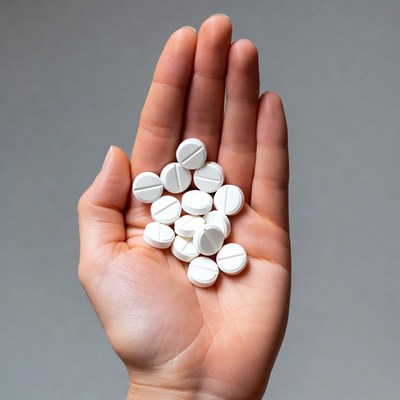 Hand holding white pills