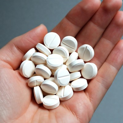 Hand holding white pills