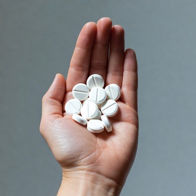 Hand holding white pills