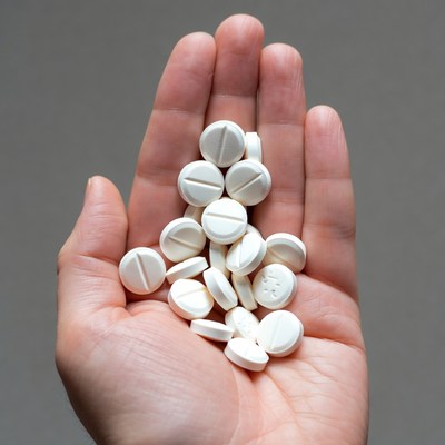 Hand holding white pills