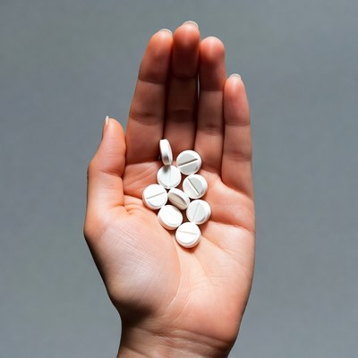 Woman's hand holding white pills