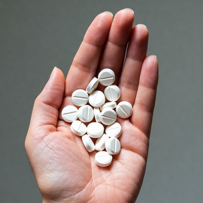 Woman's hand holding white pills