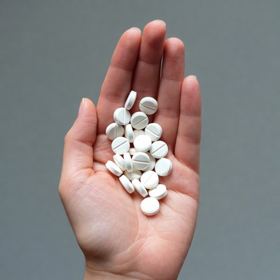 Hand holding white pills