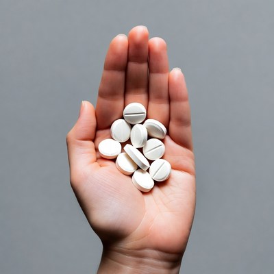 Hand holding white pills