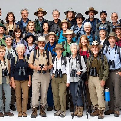Group of seniors birdwatching with binoculars