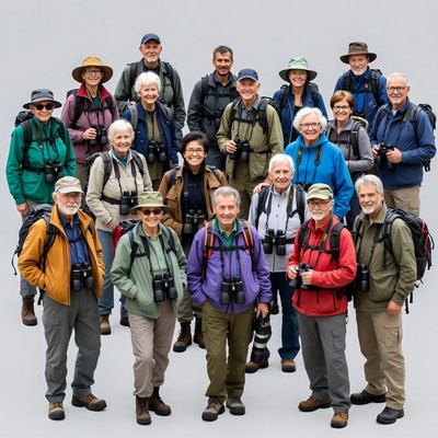 Group of seniors hiking with binoculars