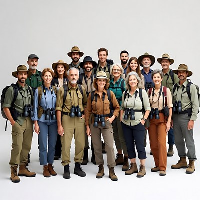 Diverse safari group with binoculars