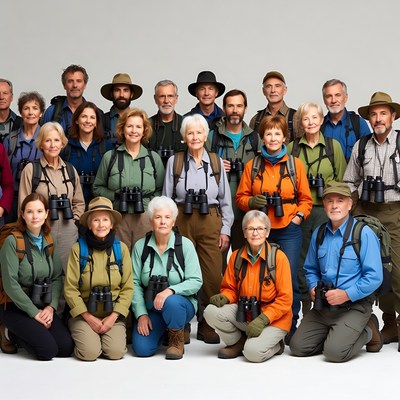 Group of birdwatchers with binoculars