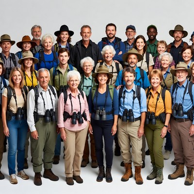 Diverse group of birdwatchers with binoculars