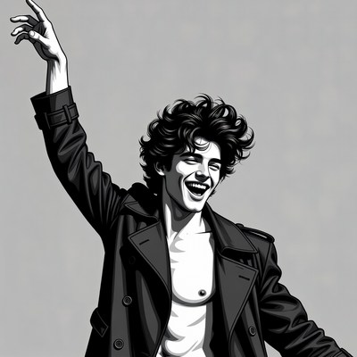 Man laughing with raised arm in trench coat