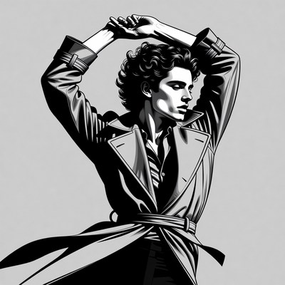 Man raising arms in trench coat