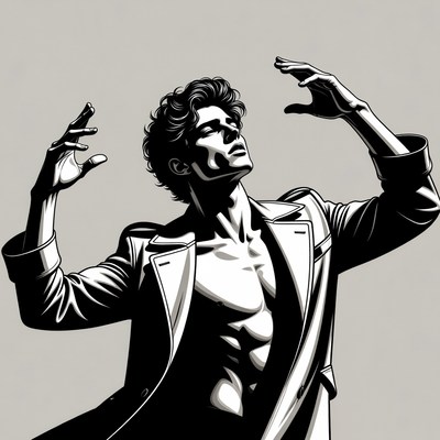 Muscular man raising arms in open coat