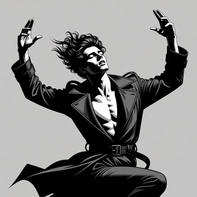 Man raising arms in trench coat