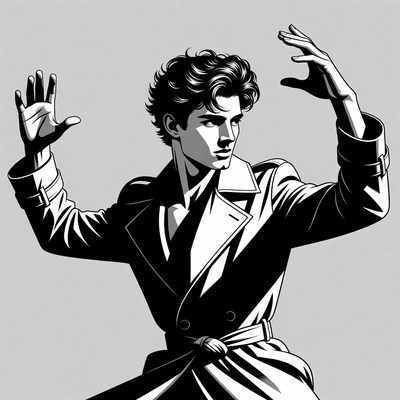 Man in trench coat with raised hands