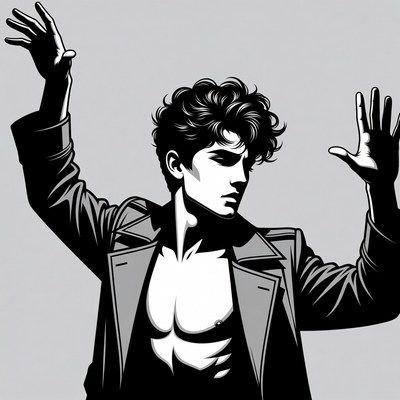 Man raising arms in open coat