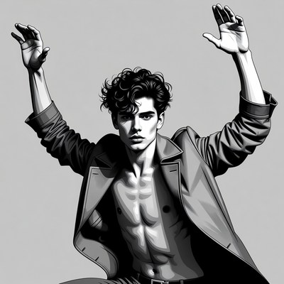 Handsome man raising hands in open coat