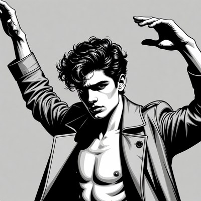 Muscular man posing with raised arms