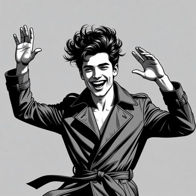 Man raising hands laughing in trench coat