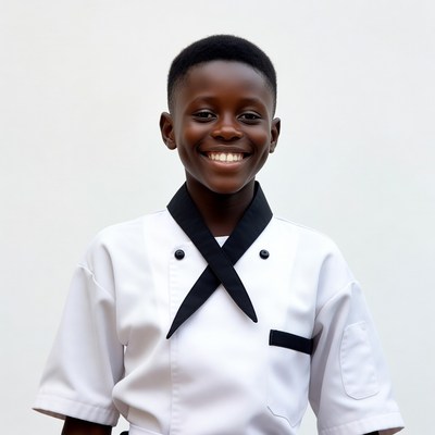 African boy in chef uniform smiling