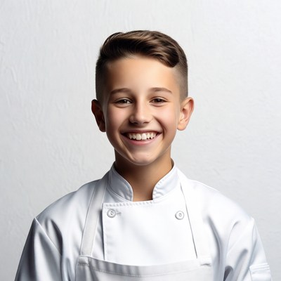 Smiling boy in white chef uniform