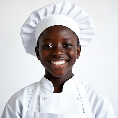 African boy chef smiling in uniform