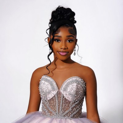 African-American woman in pink beaded gown