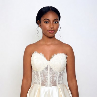 African-American woman in white lace gown