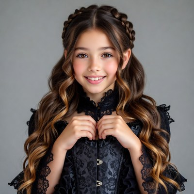 Girl in black lace dress smiling