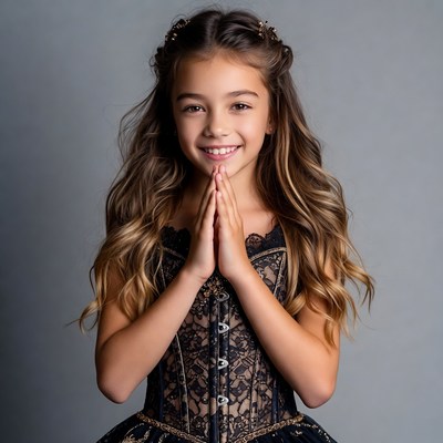 Girl praying in black lace corset dress