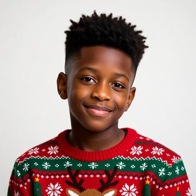African-American boy in reindeer Christmas sweater