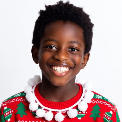 African-American boy smiling in Christmas sweater