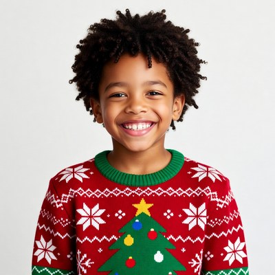 African-American boy in Christmas sweater