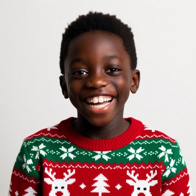 African-American boy in Christmas sweater