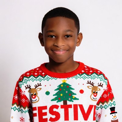 African-American boy in Christmas sweater