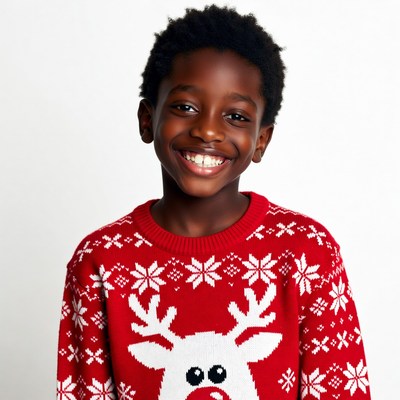 African-American boy in reindeer Christmas sweater